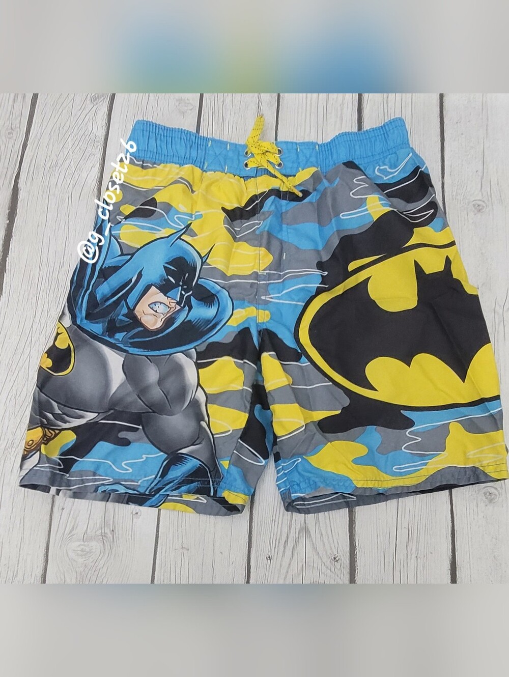 Batman Boys Blue and Yellow Swim Trunks with Graphic Logo